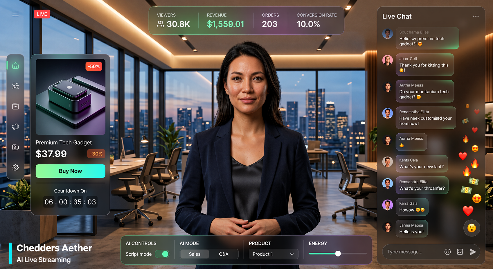 Aulter platform interface showing an AI live streaming studio with real-time chat, product cards, viewer analytics, and AI controls